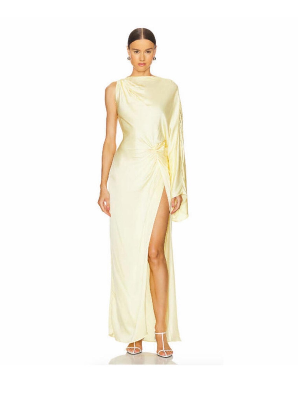 L'Academie One-Shoulder Pale Yellow Satin Gown with Side Slit